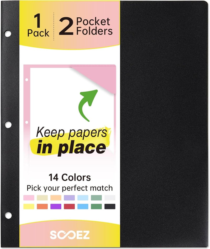 Sooez 2-Pocket Folders, Plastic Folders with Pockets 3 Hole Punched, 1 Pack Pockets Folder for 3 Ring Binder with Labels, Heavy Duty Binder Folder for Document, Letter Size File Folder,Black - Image 1